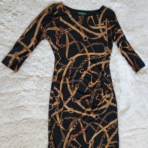 Lauren Ralph Lauren Black and Gold Chain Print Long Sleeve Dress